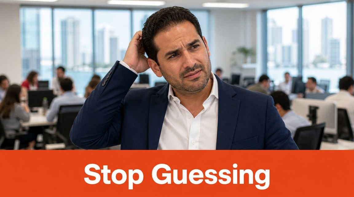 A confused professional in an office setting scratching his head, with the text Stop Guessing below.