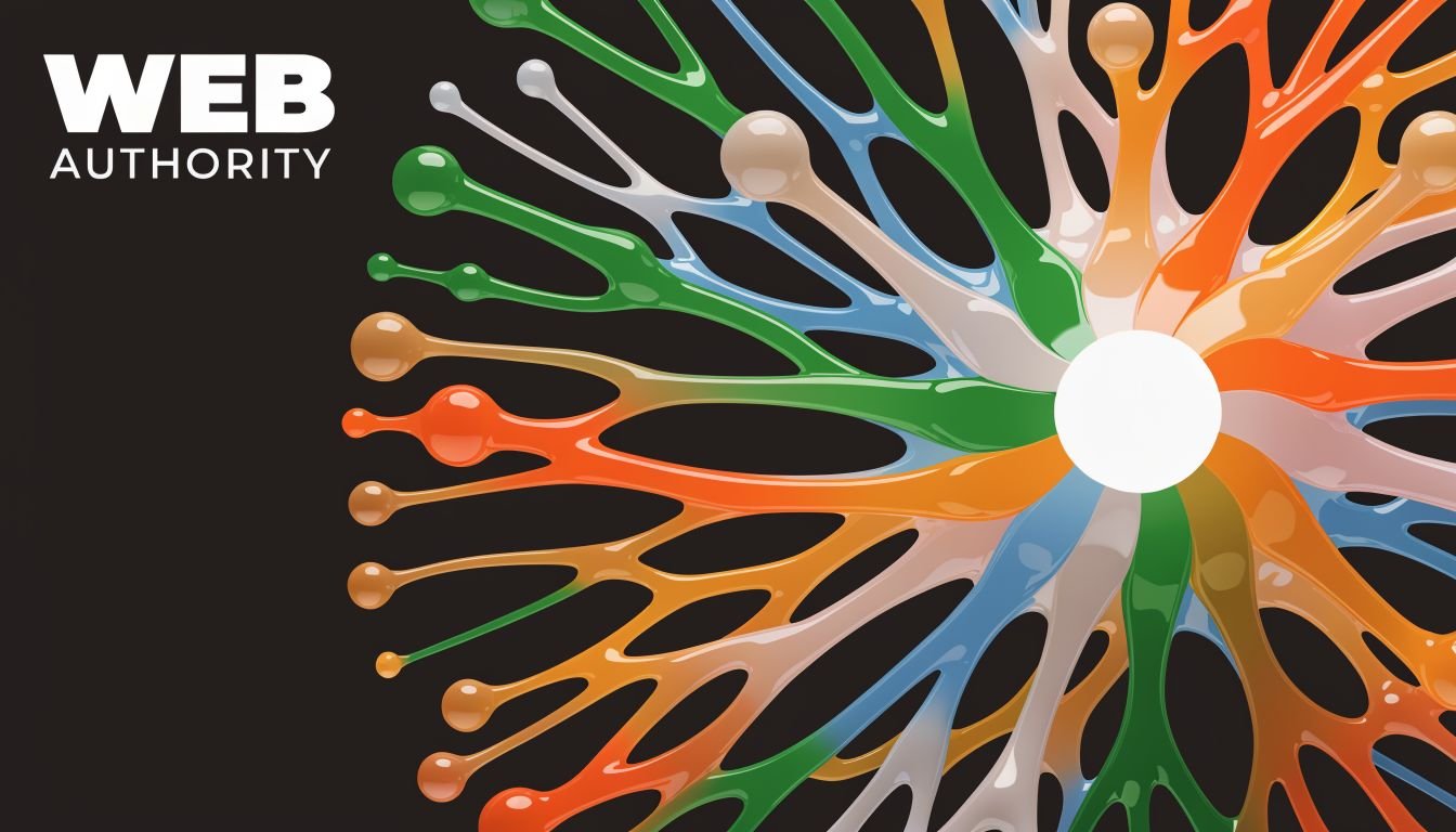 An abstract, colorful 3D web-like structure radiating from a central white circle on a black background.