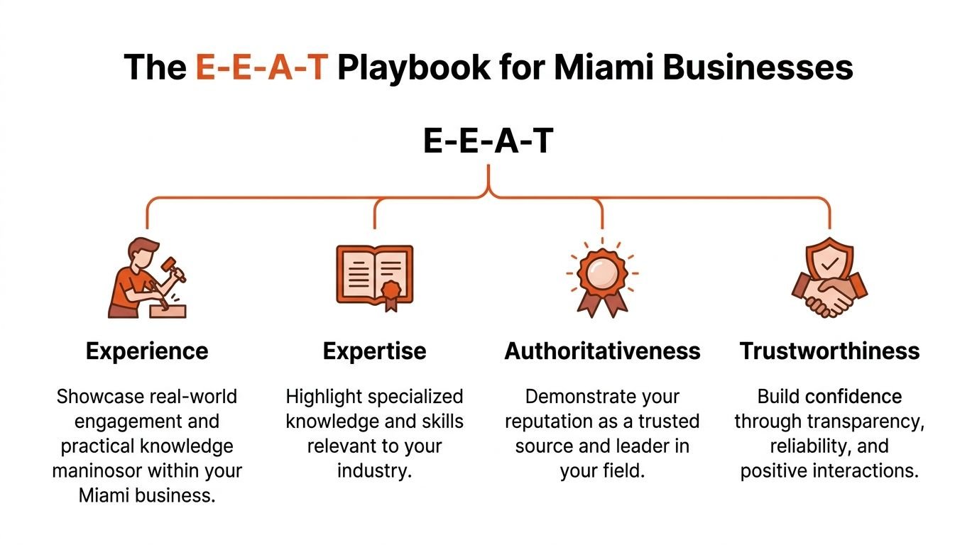 A diagram illustrating the E-E-A-T framework for Miami businesses focusing on experience, expertise, authoritativeness, and trustworthiness.