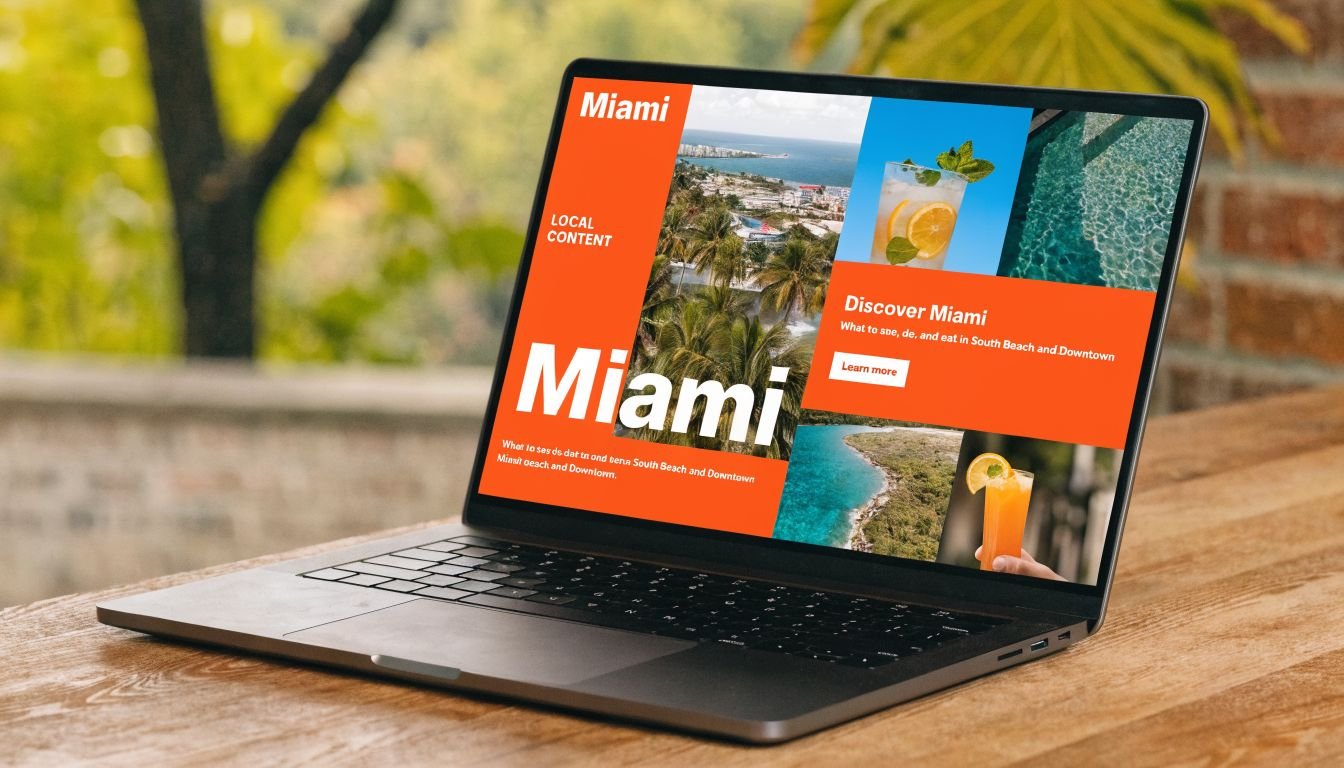 A modern laptop displaying a Miami travel guide website on an outdoor wooden table.