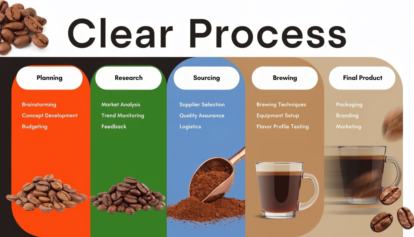 A diagram outlining the five-step coffee production process from initial planning to the final product marketing.