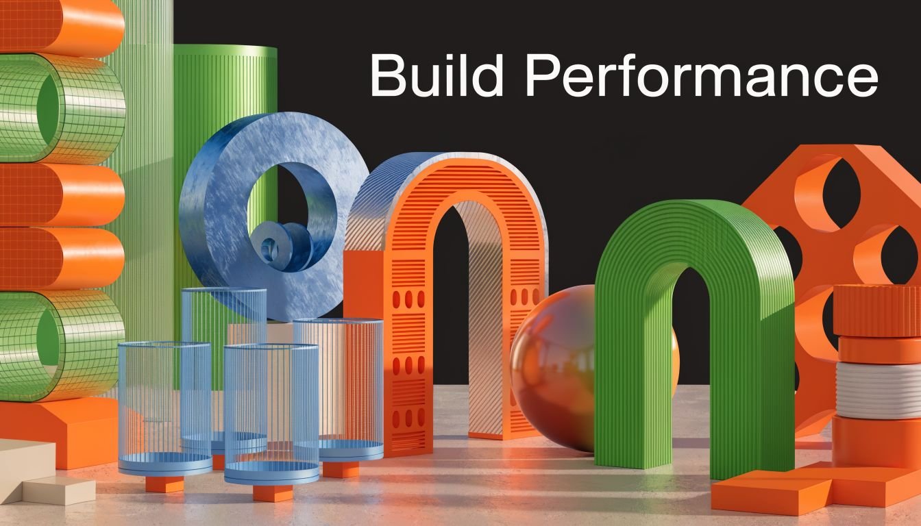 A collection of colorful 3D geometric shapes including arches, rings, and cylinders on a textured surface.