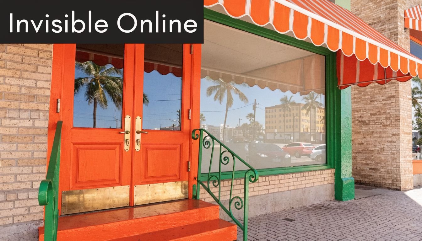 A brightly colored storefront in Miami with orange doors, green railings, and large glass windows reflecting palm trees.