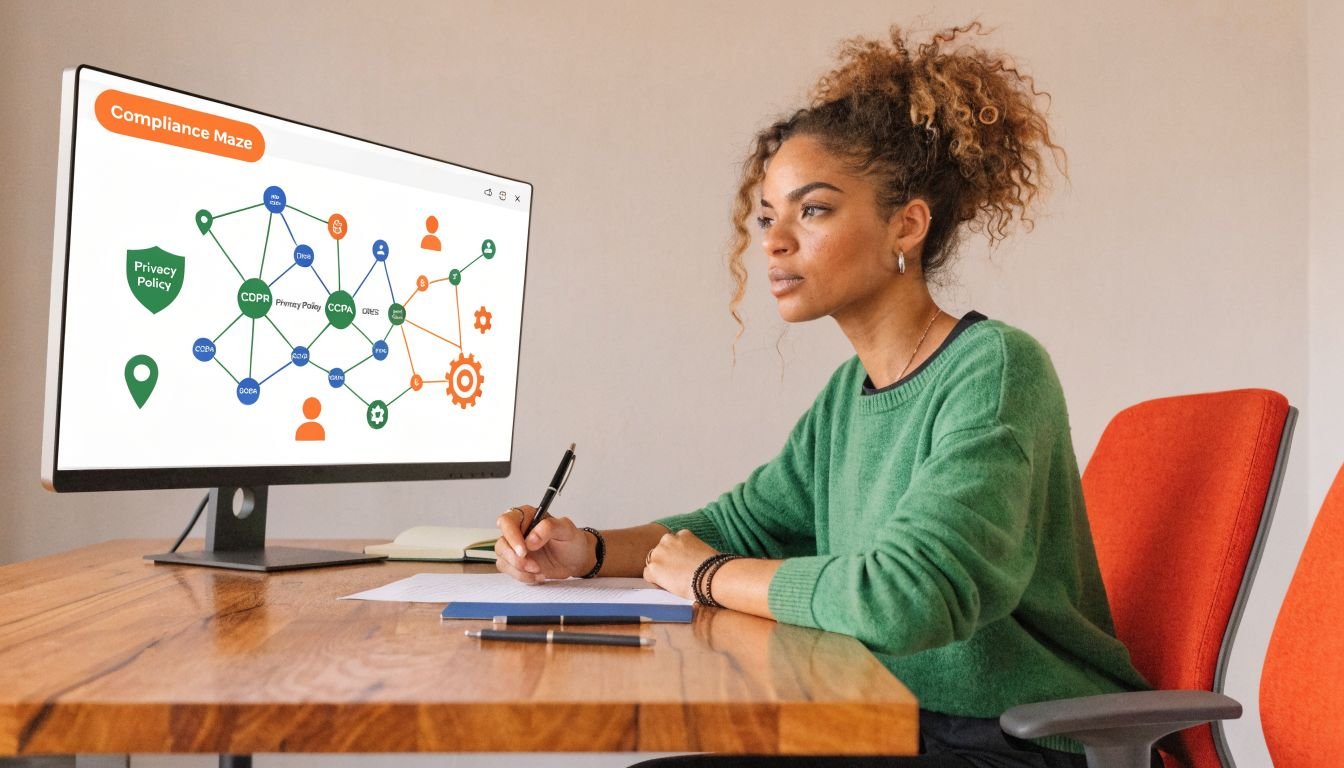 A professional woman in a green sweater taking notes while analyzing a digital compliance maze on screen.