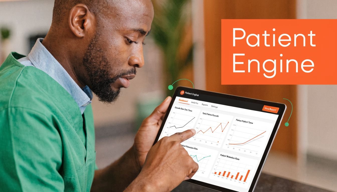 A male healthcare professional reviews patient growth analytics on a tablet screen using Patient Engine software.