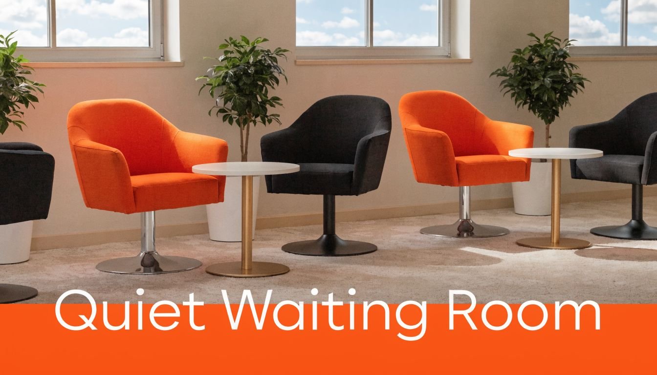 A modern, minimalist waiting room featuring orange and black upholstered chairs paired with small round tables.