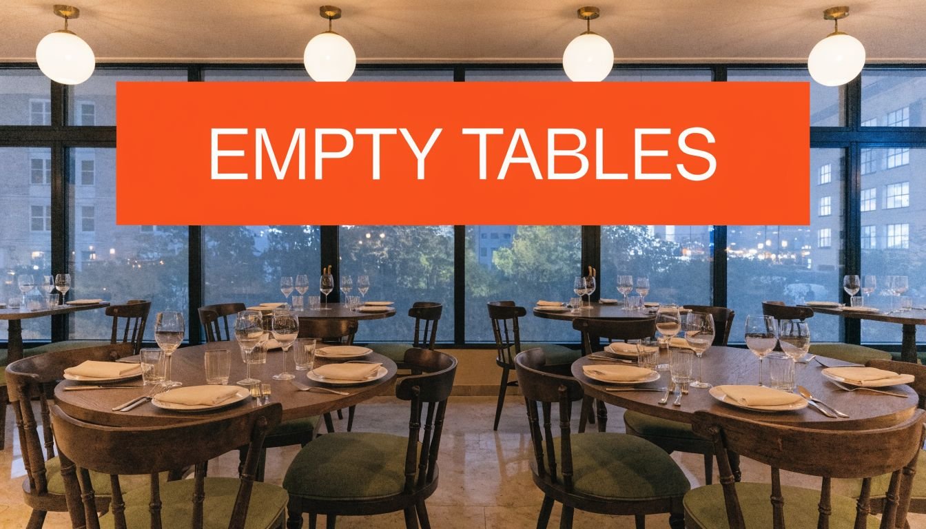 A dining room featuring several round wooden tables with white napkins and glassware near floor-to-ceiling windows.