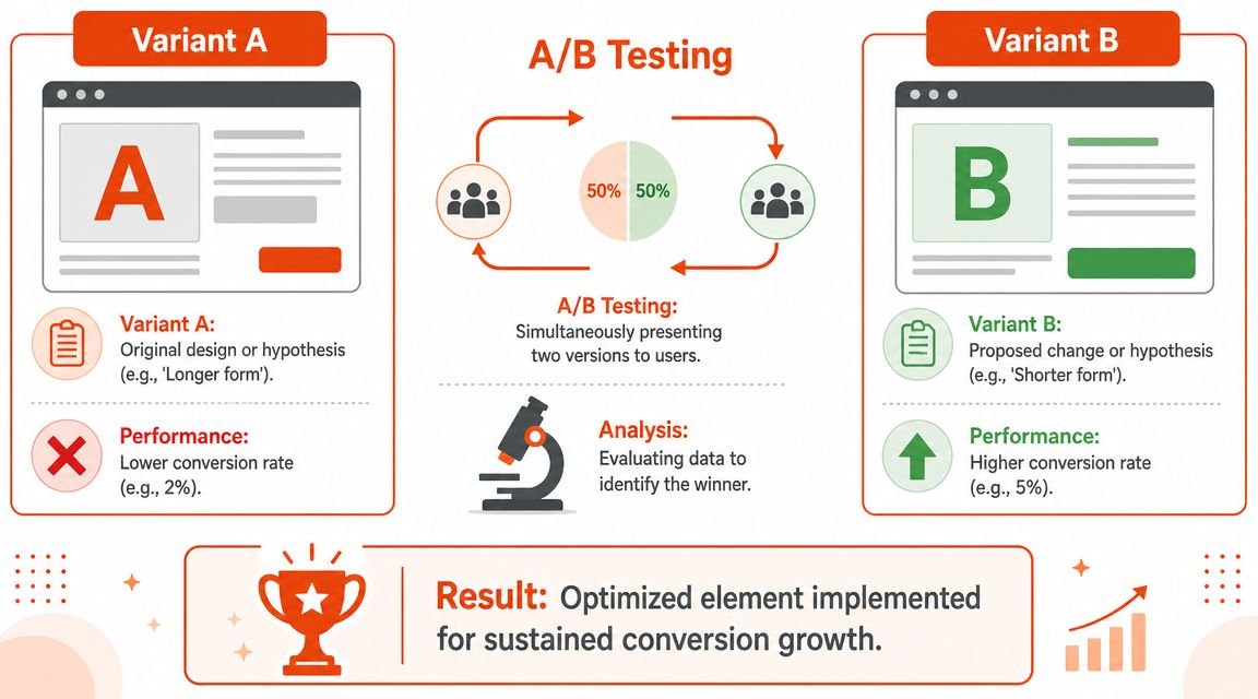 A diagram illustrating the A/B testing process comparing two website variations to improve conversion rates.