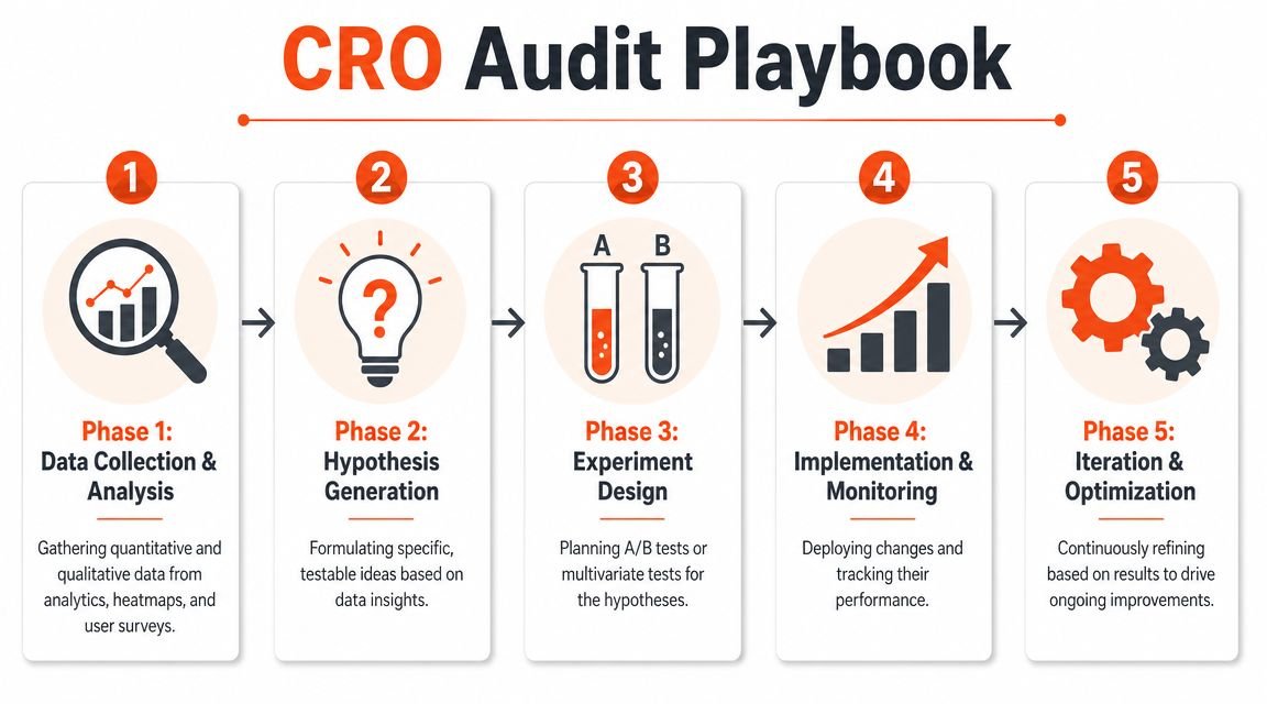 A five-step flowchart illustrating the CRO Audit Playbook process for website optimization and conversion rate growth.