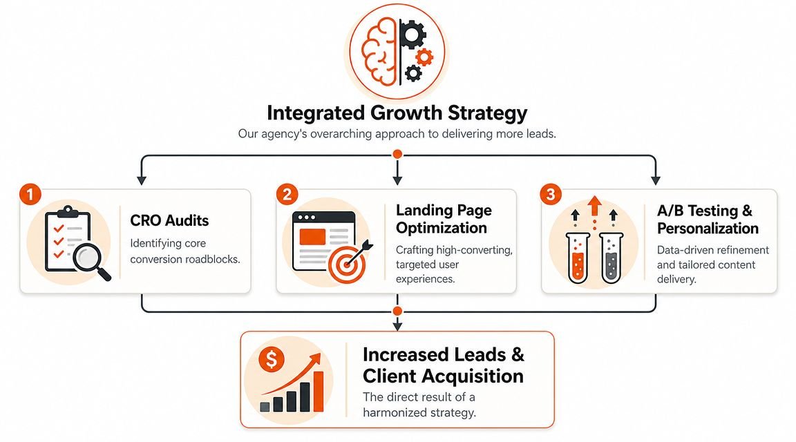 A diagram illustrating an integrated growth strategy for improving website conversion rates and lead acquisition.