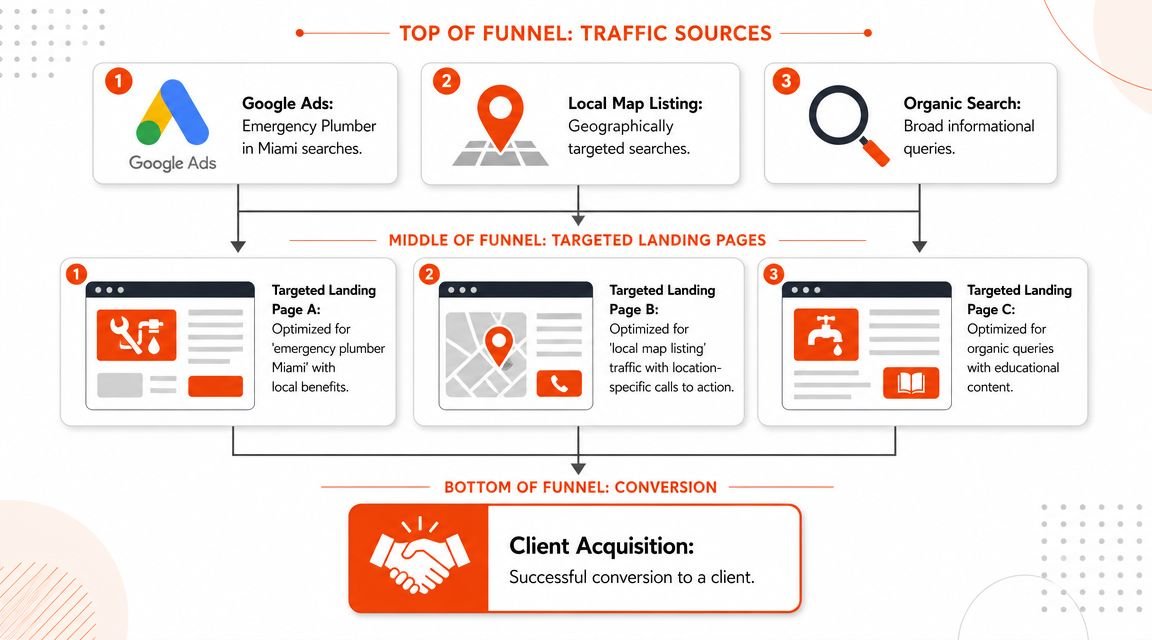 A marketing funnel diagram showing how different traffic sources lead to targeted landing pages for client conversion.