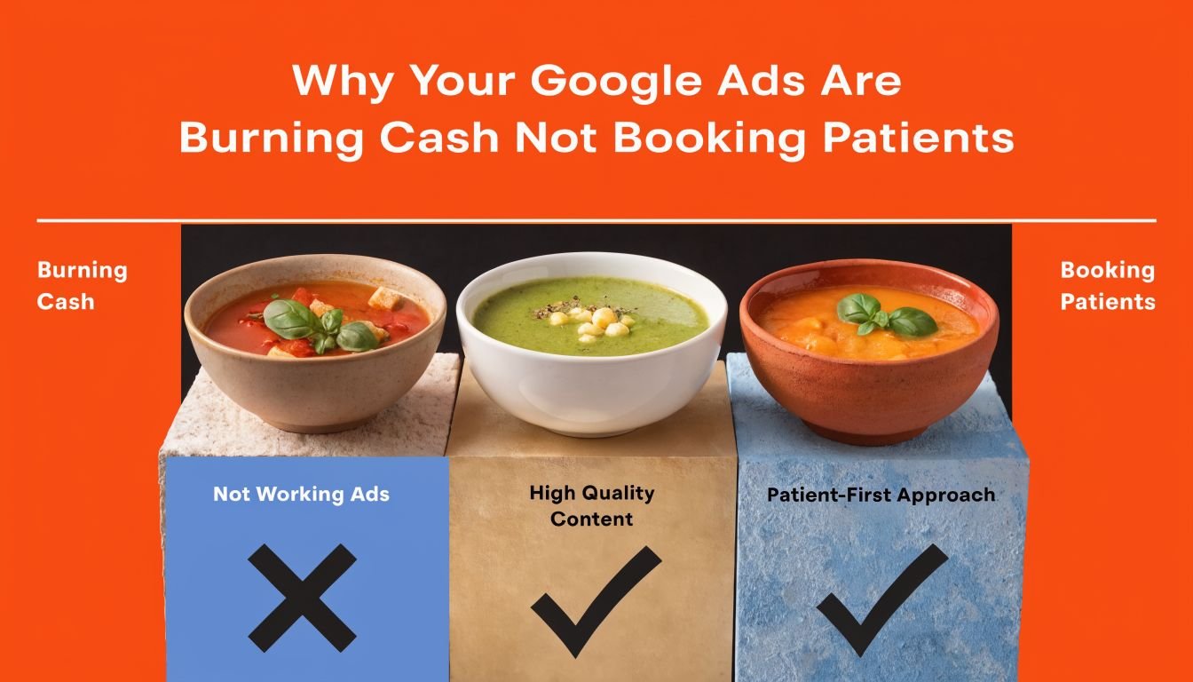 A graphic illustration comparing ineffective and effective Google Ads strategies for booking medical patients using soup bowls.