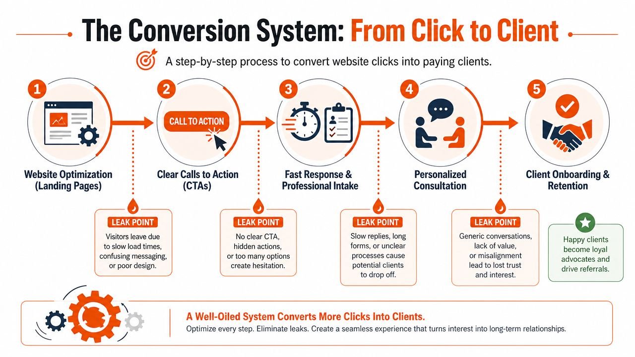 A five-step conversion funnel infographic showing how to turn website visitors into long-term paying clients.