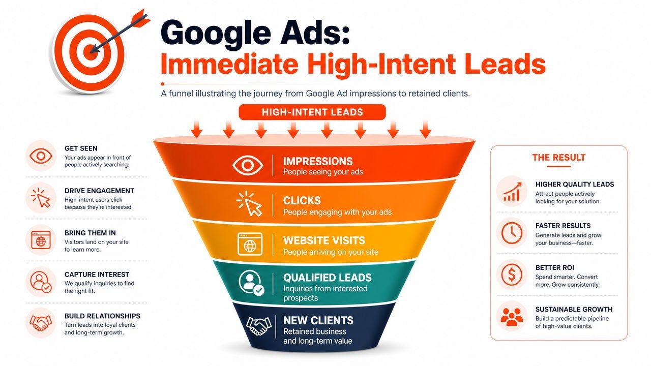 A funnel infographic detailing the Google Ads process from initial impressions to acquiring new long-term clients.