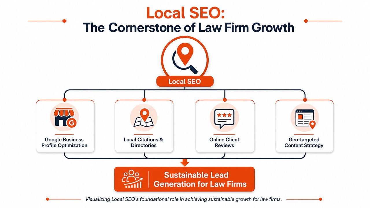 A diagram illustrating how local SEO components drive sustainable lead generation for law firms.