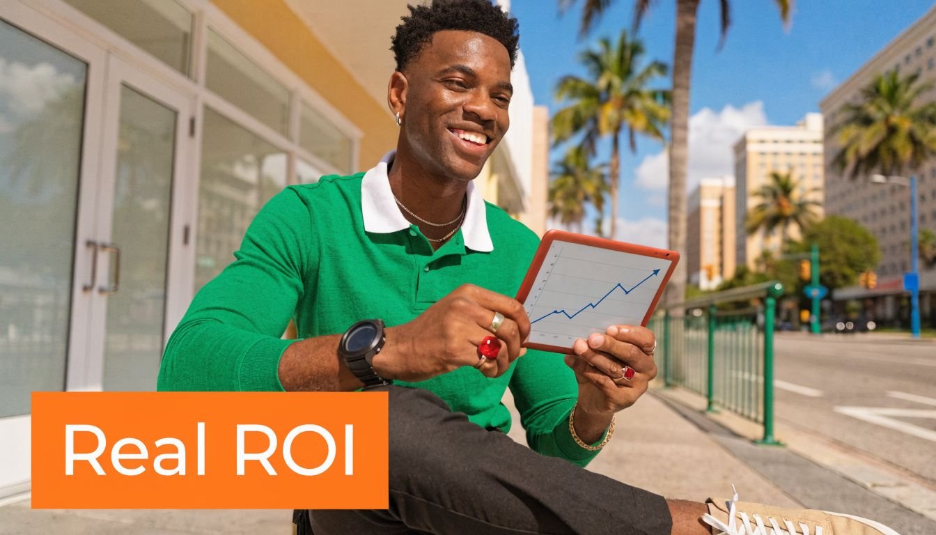 A smiling man in a green shirt holds a tablet displaying a rising business growth graph outdoors.
