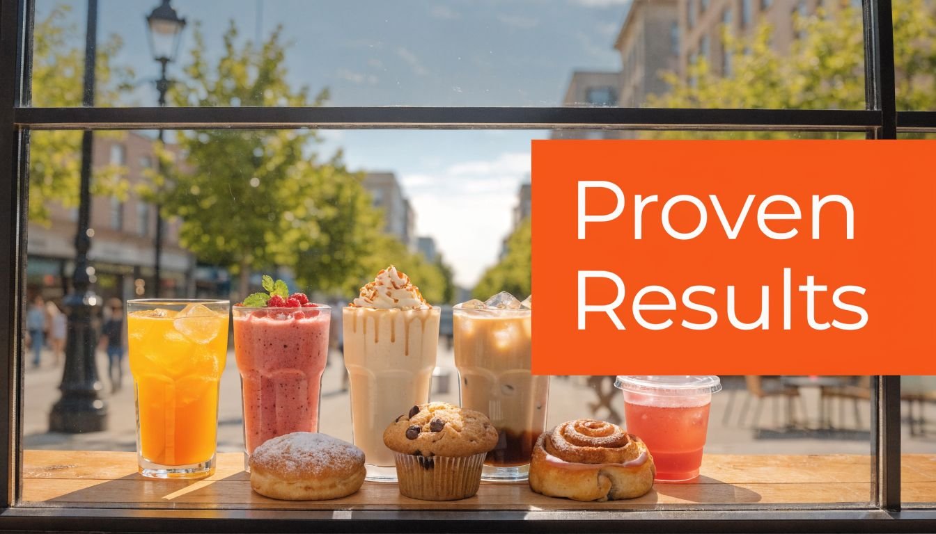 A display of refreshing drinks and pastries placed on a wooden ledge in front of a window.