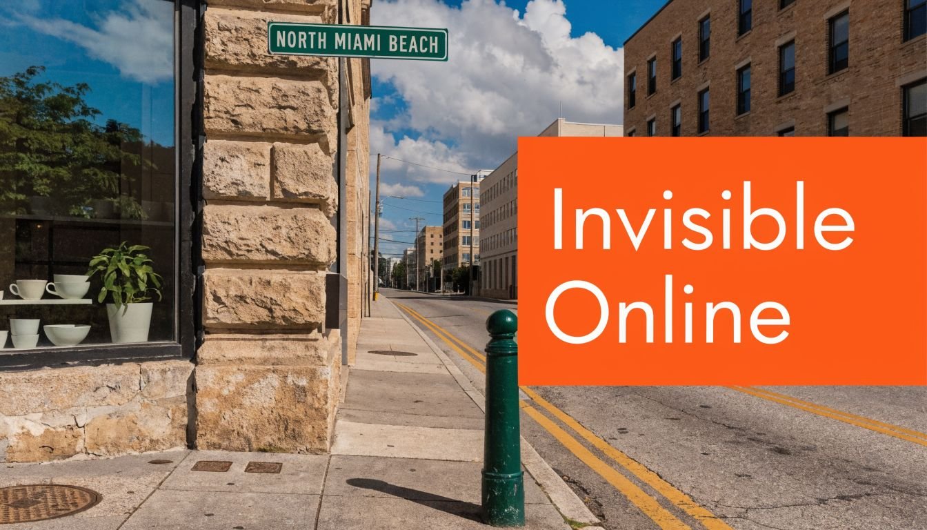 A street corner in North Miami Beach, Florida featuring a stone building and a prominent orange sign.