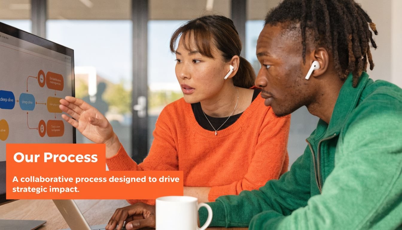 A diverse team collaborating on a strategic process while reviewing a digital workflow on a computer screen.