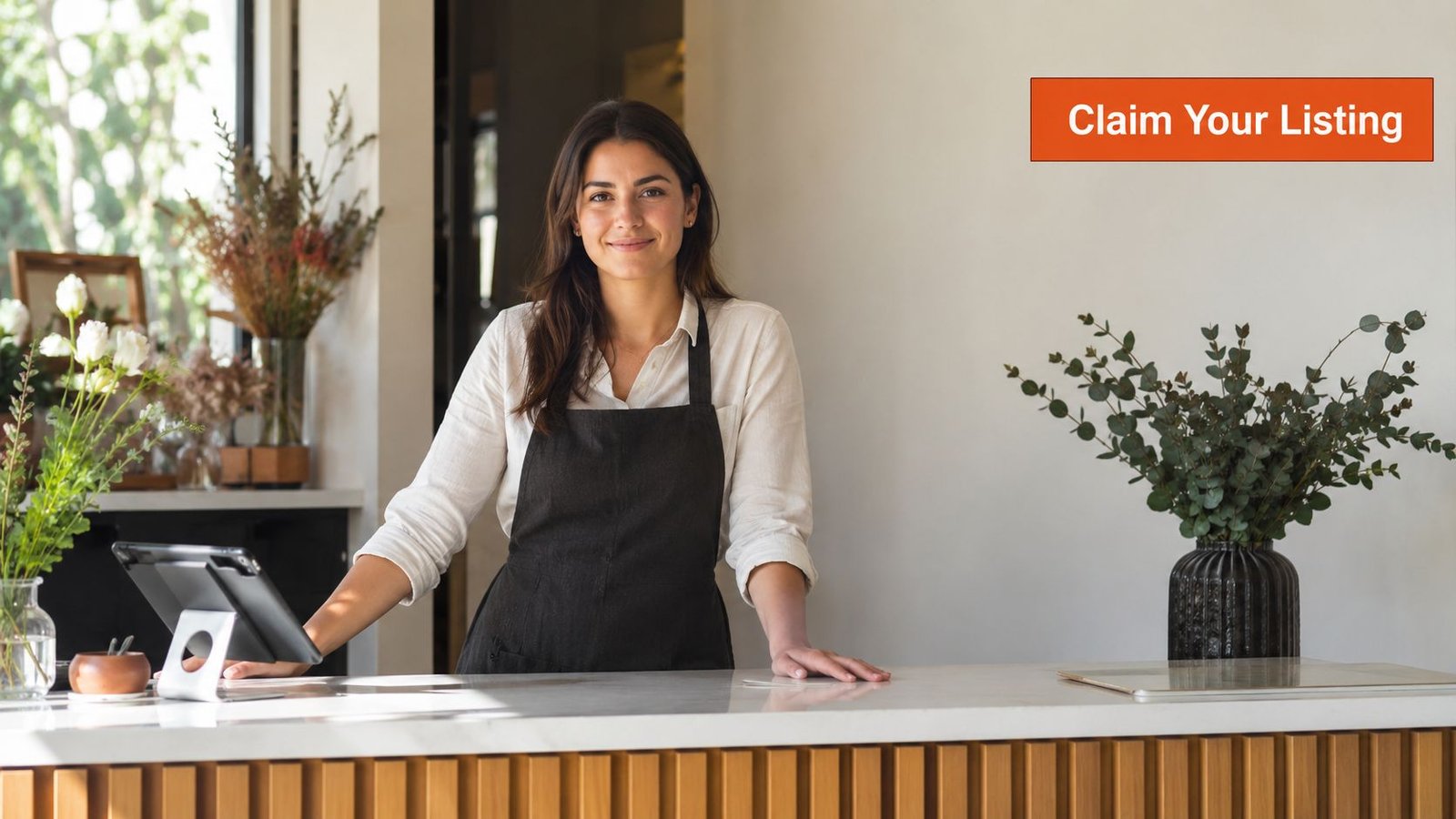 A friendly business owner standing behind a modern floral shop counter, ready to help her customers.