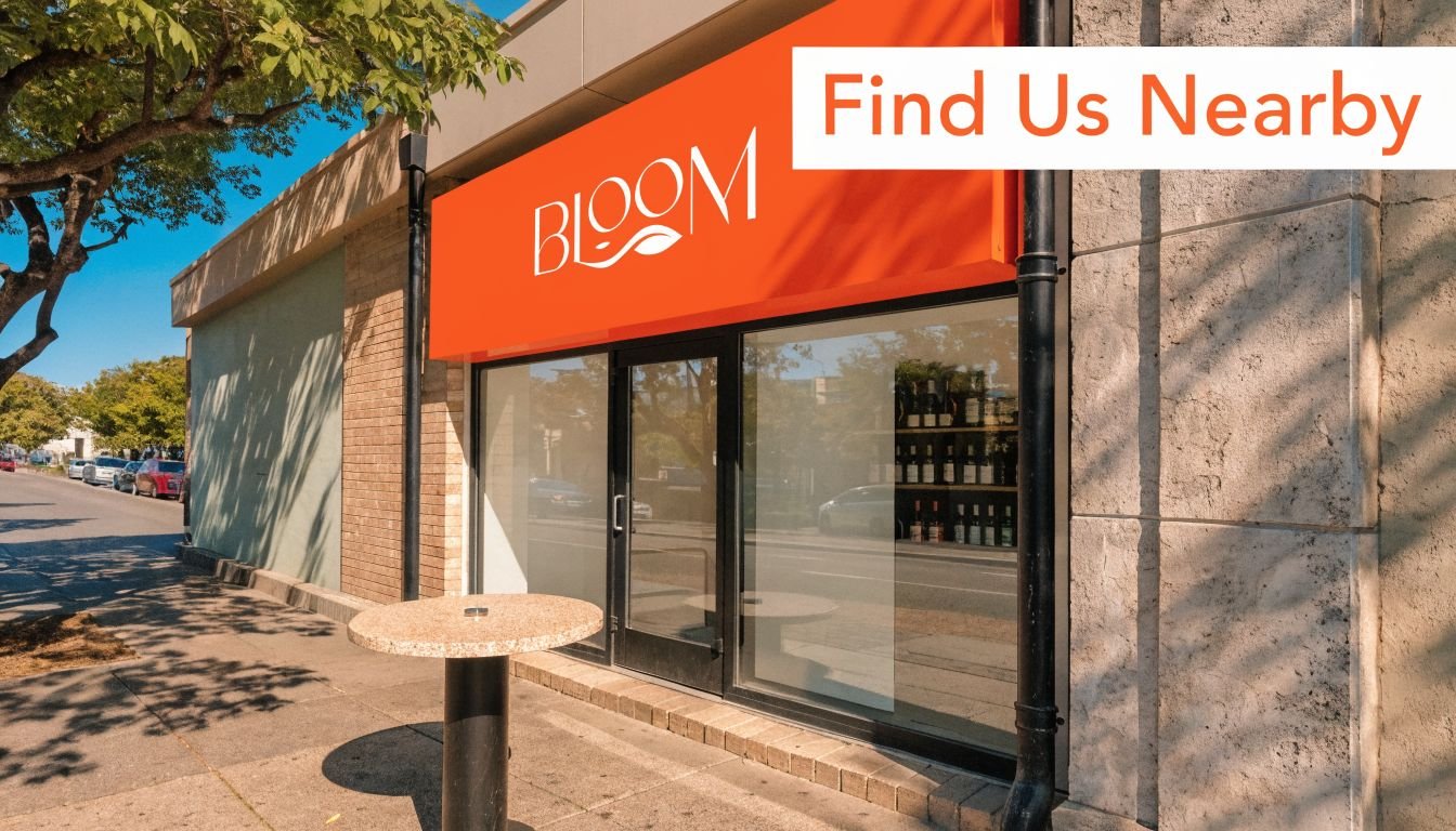 The storefront of a business named Bloom featuring an orange signage and a small outdoor table.