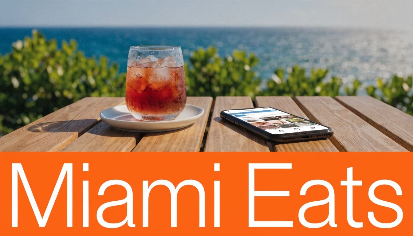 A refreshing cocktail and a smartphone displaying a food app on a wooden table overlooking the ocean.