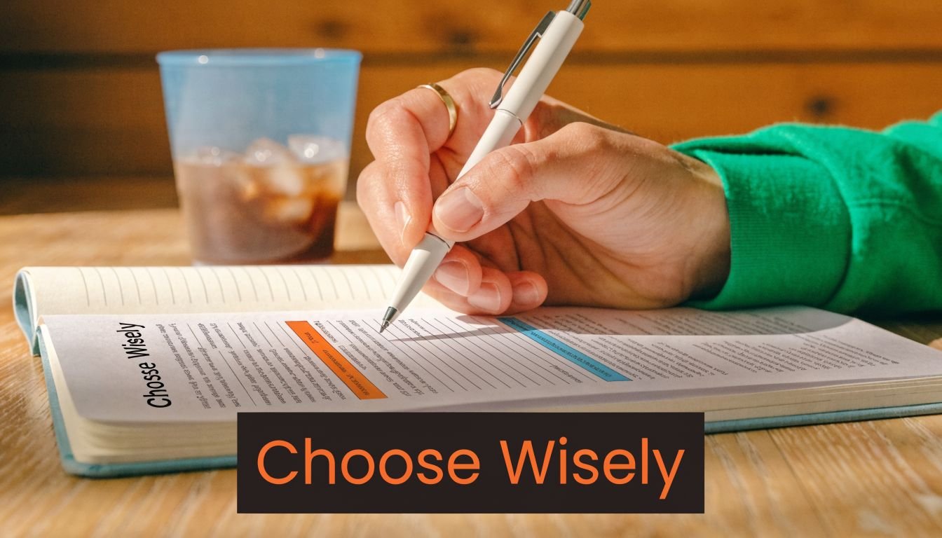 A person writing in a notebook titled Choose Wisely next to a glass of iced coffee.