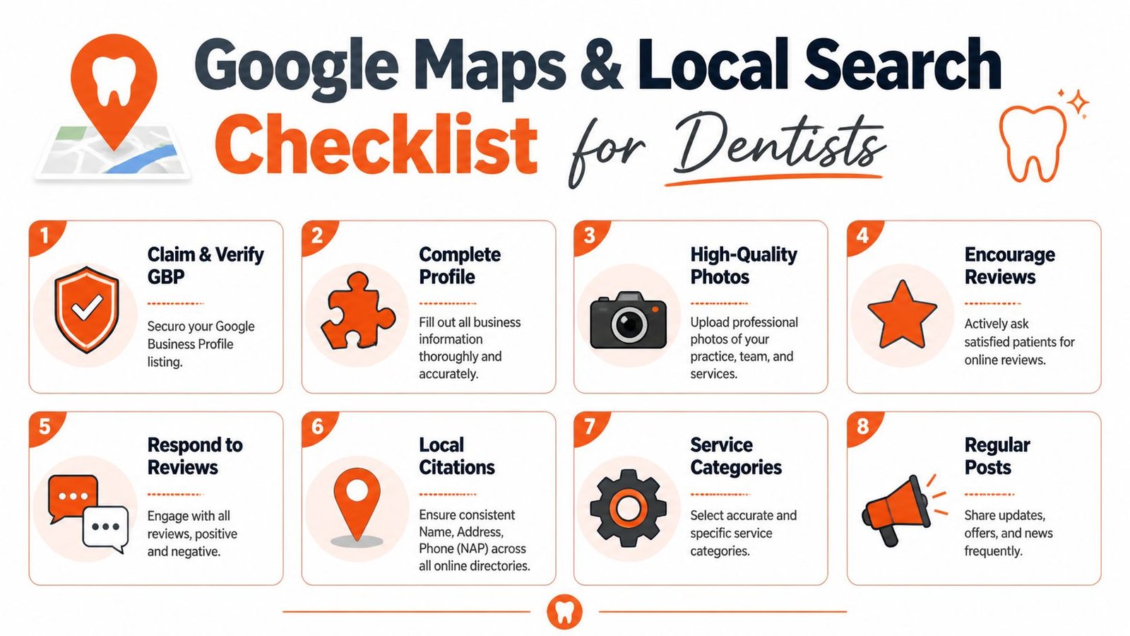 A checklist of eight essential steps for dentists to improve their local Google Maps search visibility.