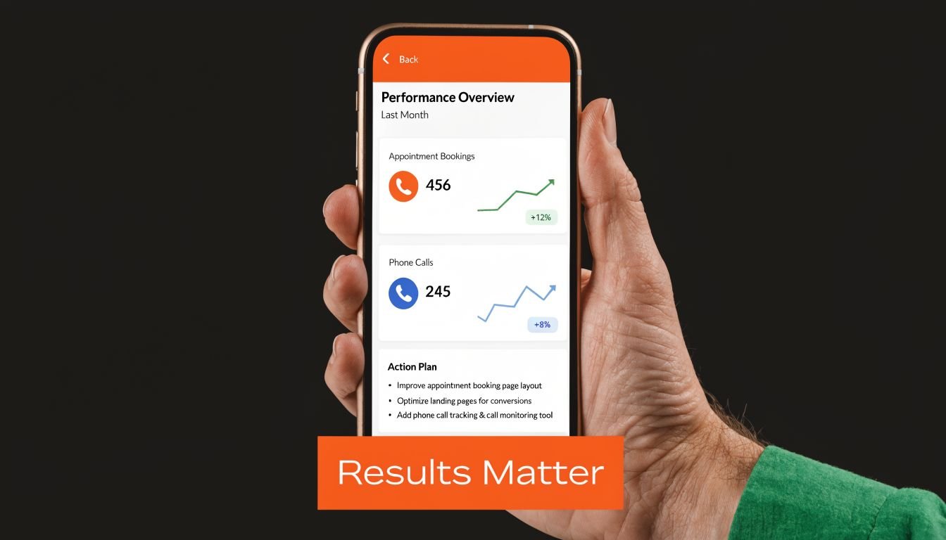 A hand holding a smartphone displaying a performance overview dashboard with appointment bookings and phone call metrics.