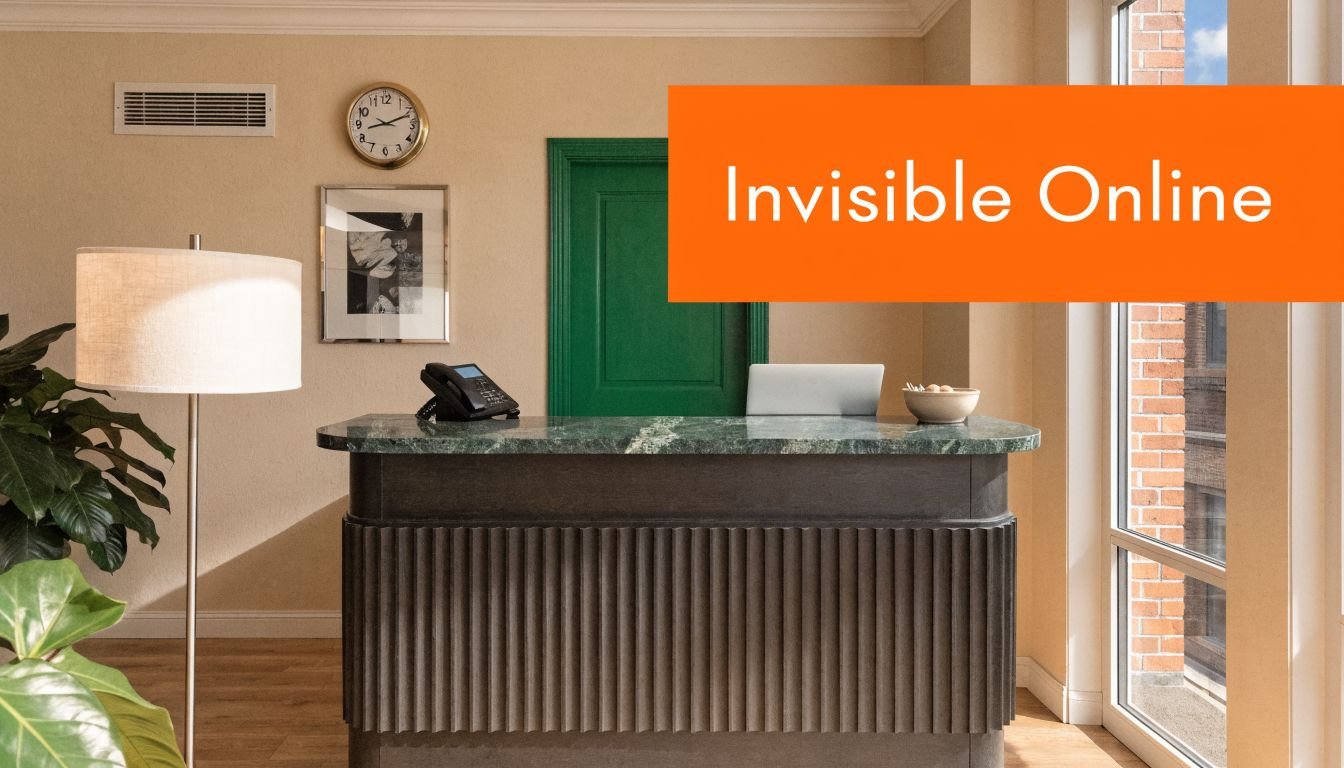 A professional hotel reception desk with a marble top, a telephone, and an office plant in lobby.