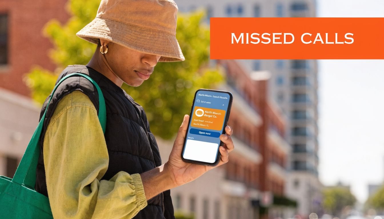 A person standing on a city street holding a smartphone displaying a mobile restaurant app interface.