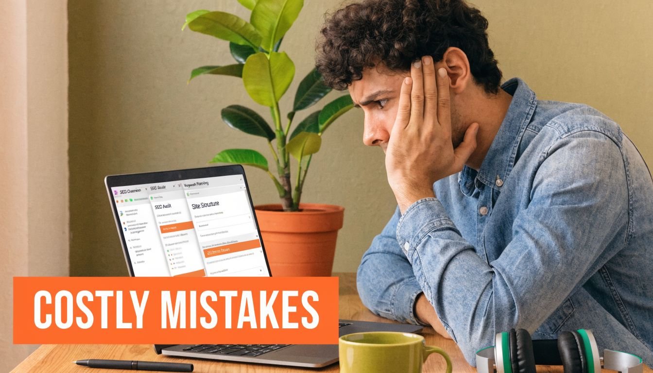 A frustrated man looking at SEO analytical data on a laptop screen while working at home.
