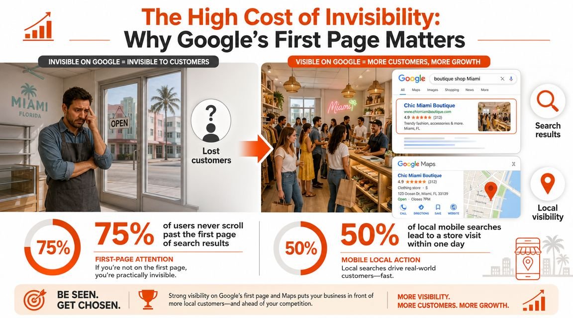 An infographic comparing a business invisible on Google to one with high search and map visibility.