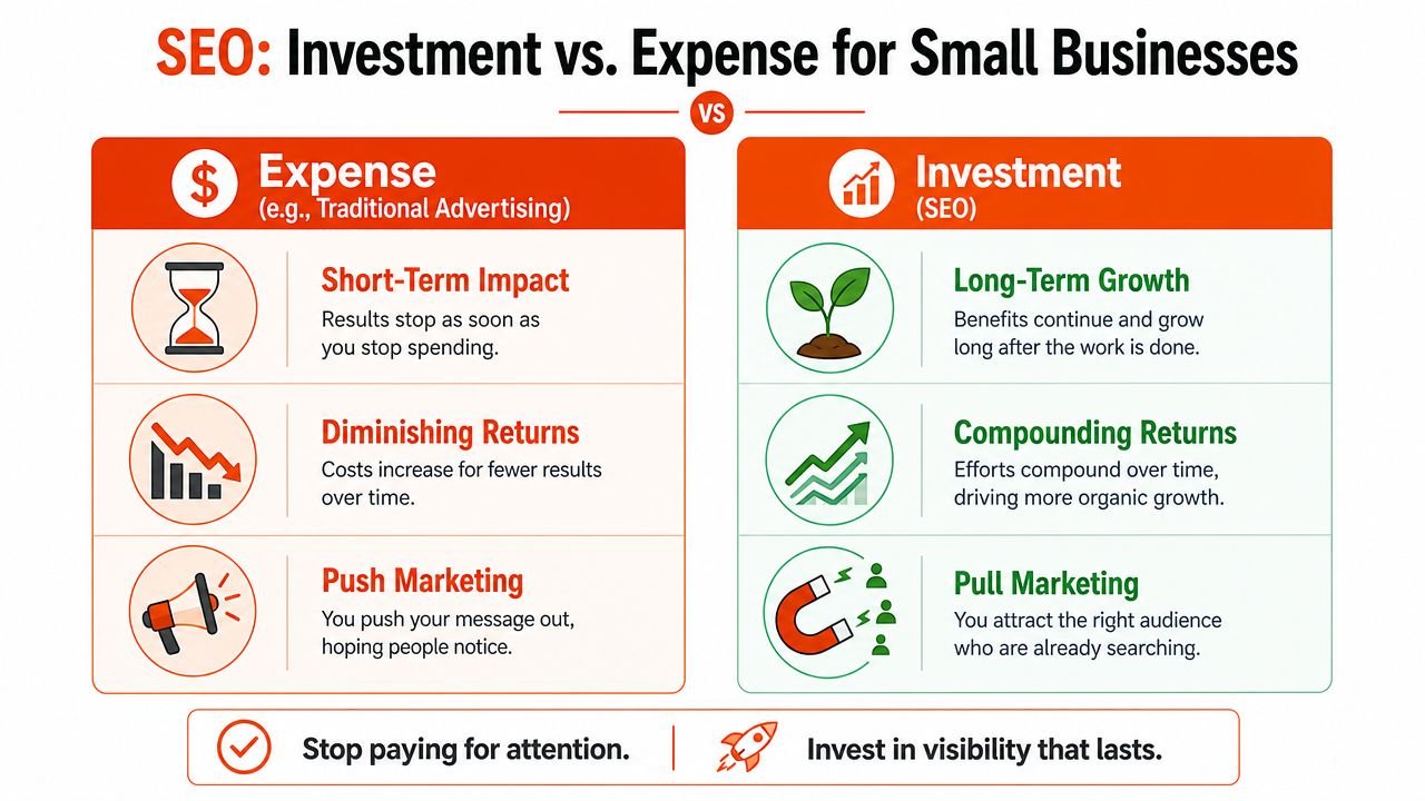 A comparison chart showing how SEO acts as a long-term investment versus traditional advertising as an expense.