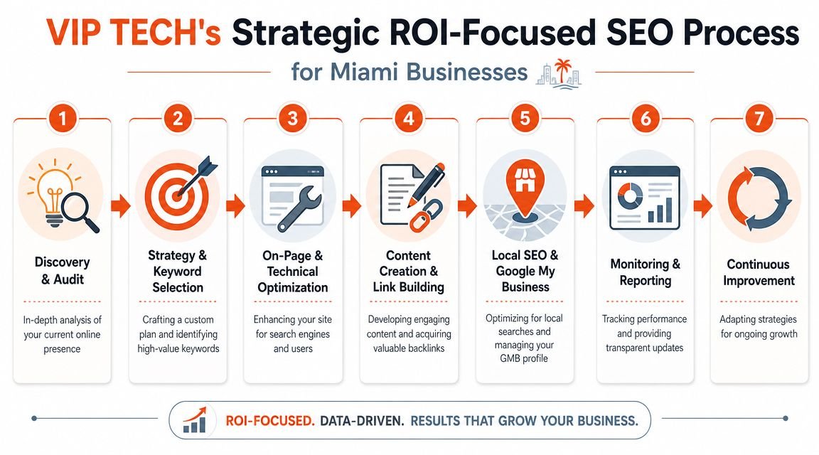 A seven-step strategic SEO process for Miami businesses focusing on audits, keyword research, and continuous improvement.