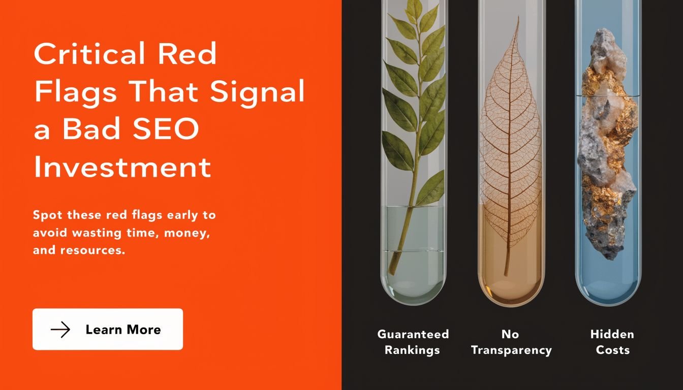 Graphic highlighting three red flags of bad SEO investments including guaranteed rankings, no transparency, and hidden costs.