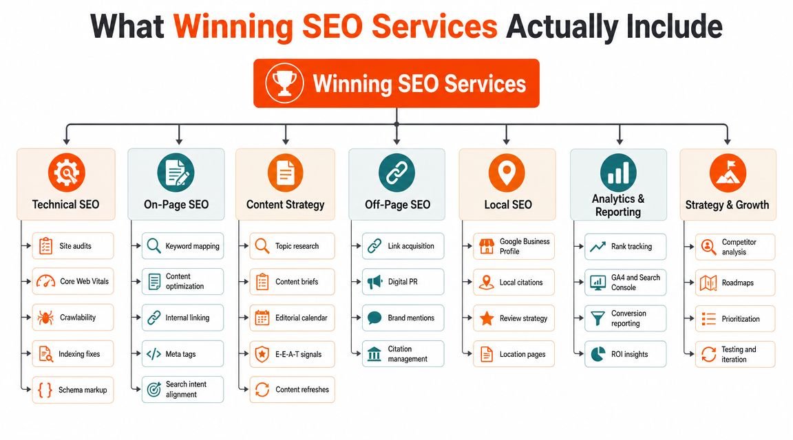 A diagram illustrating the essential components of professional SEO services, including technical, on-page, content, and strategy.