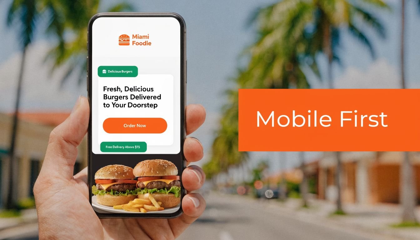 A hand holding a mobile phone displaying a burger delivery app interface for Miami Foodie.