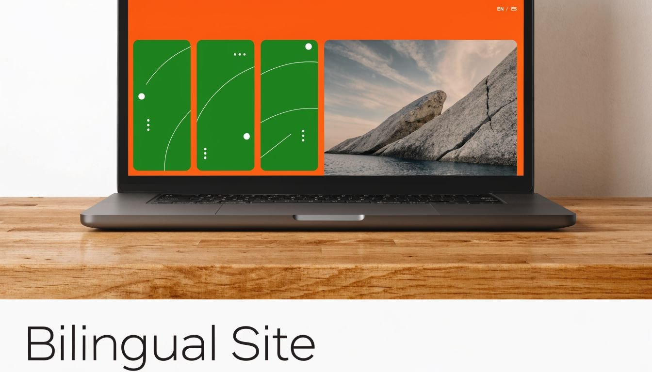 A modern laptop on a wooden desk displaying a web design project with a bilingual interface.