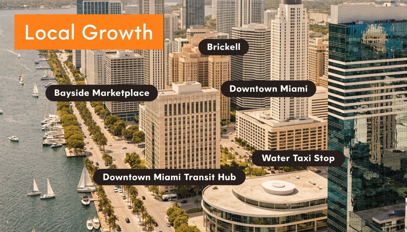 An aerial view of the Miami cityscape highlighting local growth, transit hubs, and waterfront attractions.
