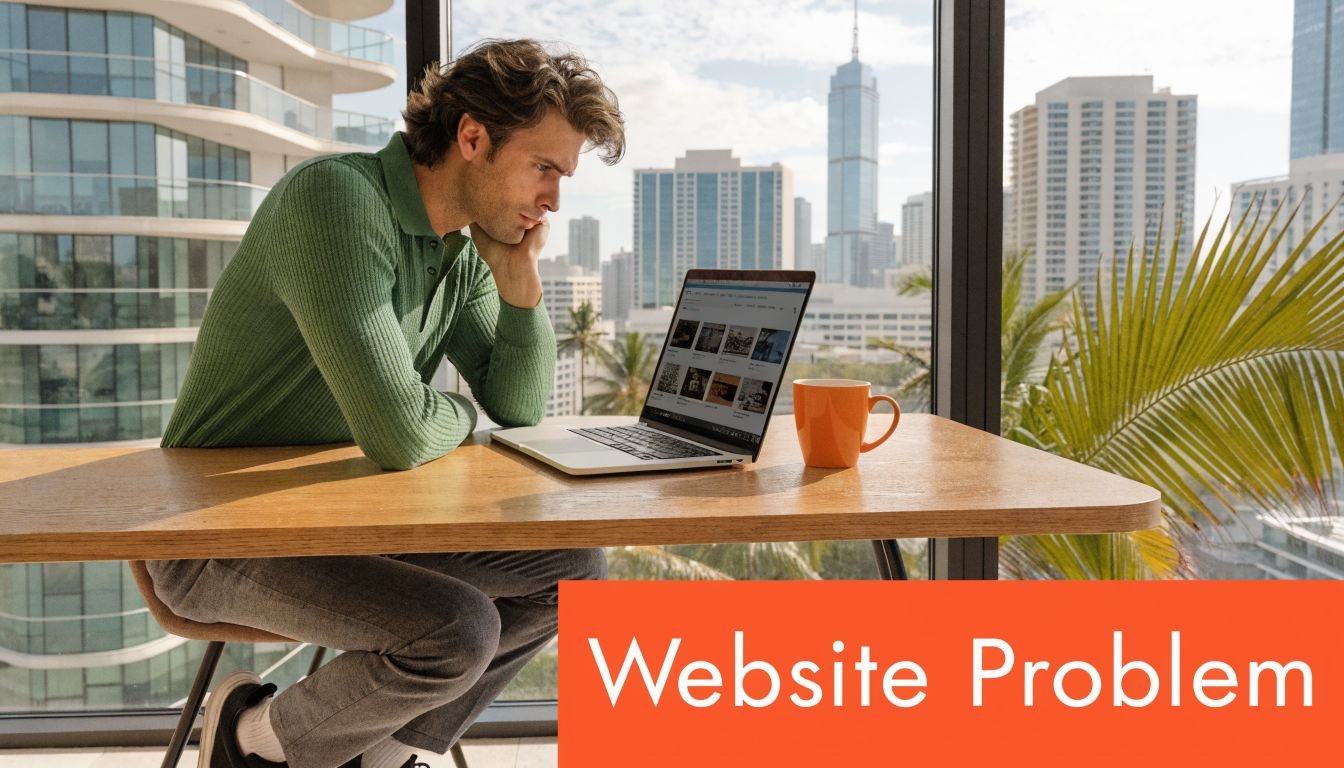 A man looking frustrated while working on his laptop in a modern office overlooking Miami city.