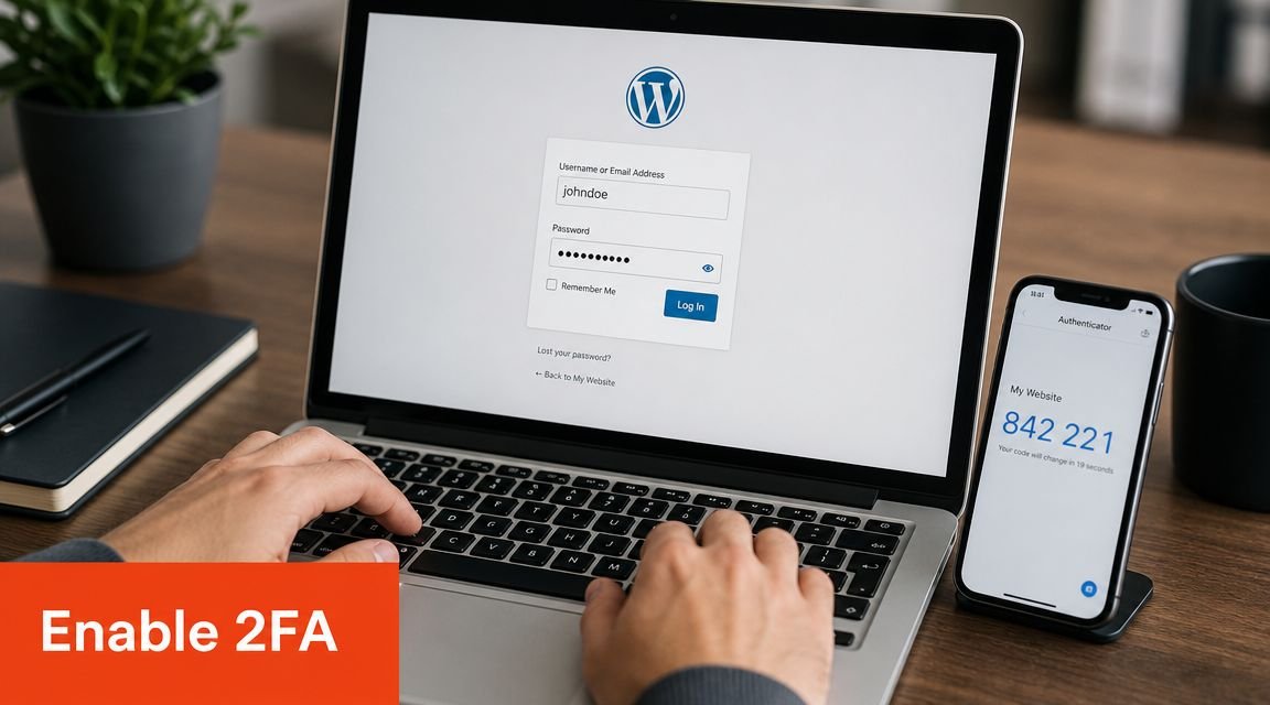 A person logs into a WordPress account on a laptop while using a two-factor authentication mobile app.