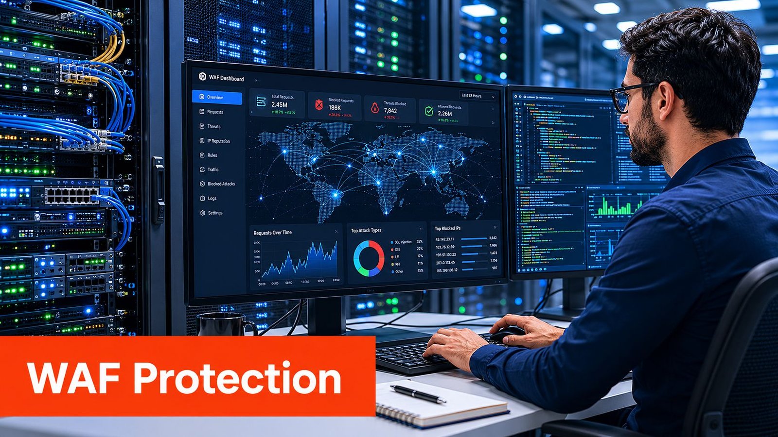A cybersecurity professional monitoring a WAF dashboard with network traffic maps and attack data in a server room.