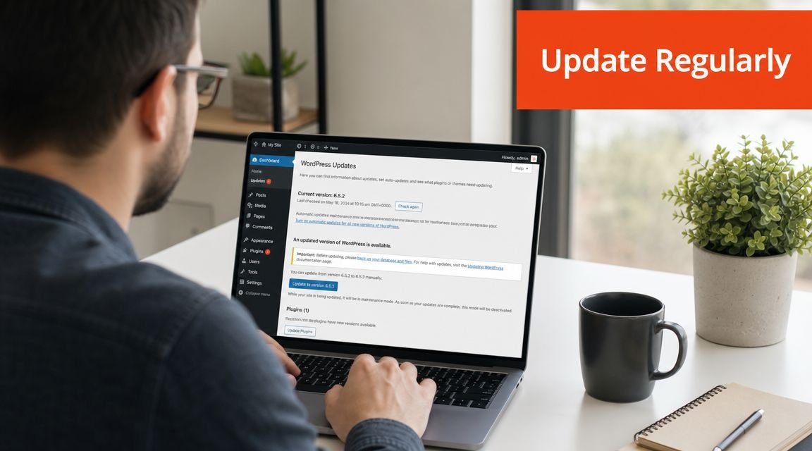 A person working on a laptop displaying WordPress update settings to improve website security and maintenance.