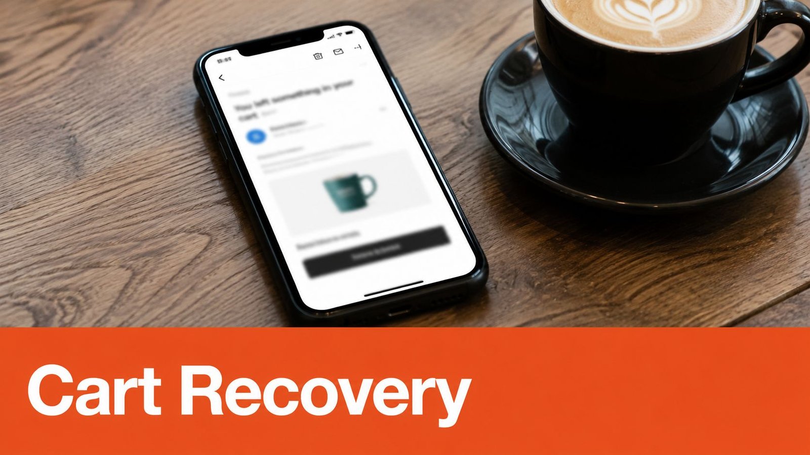 A smartphone showing an e-commerce cart recovery email next to a cup of coffee on a wooden table.