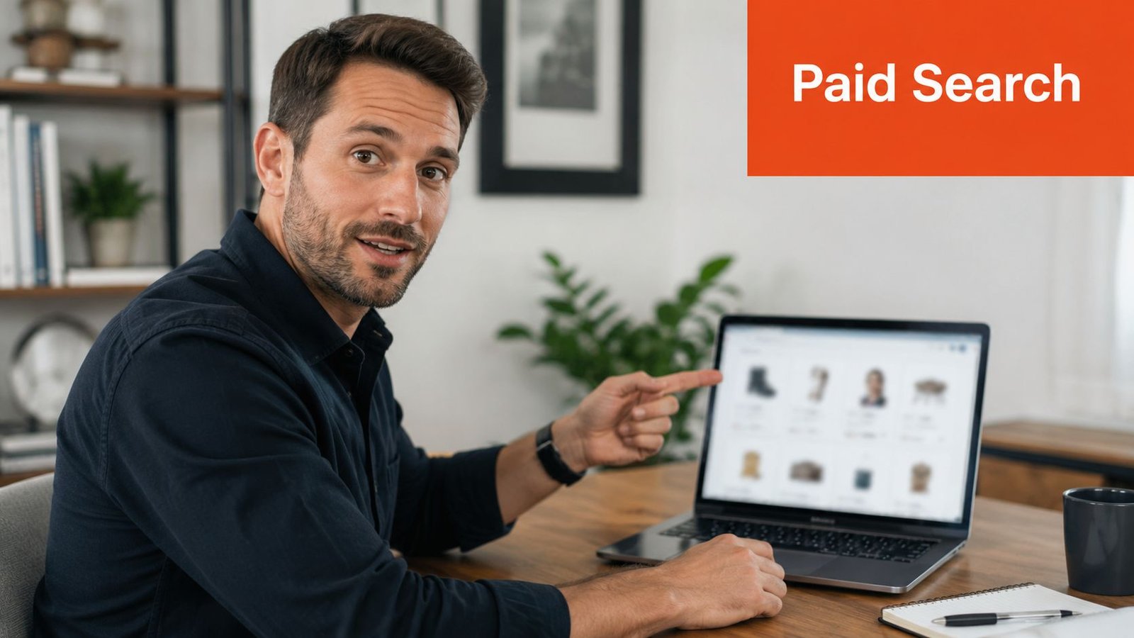 A professional man sitting at a desk and pointing at e-commerce products displayed on a laptop screen.
