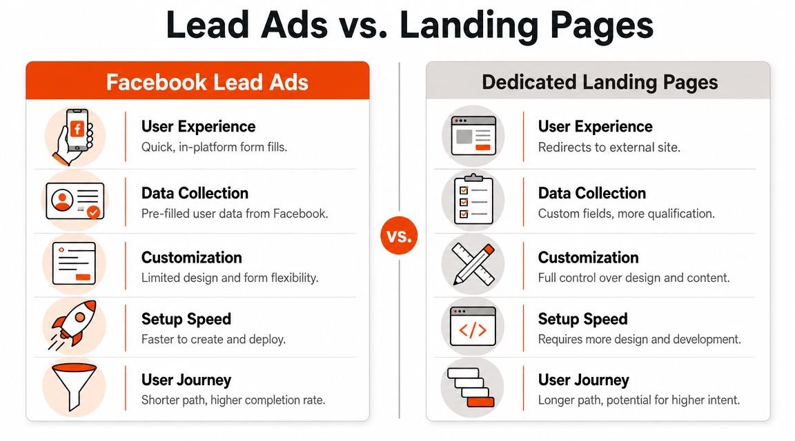 A comparison chart highlighting the pros and cons of Facebook Lead Ads versus Dedicated Landing Pages.