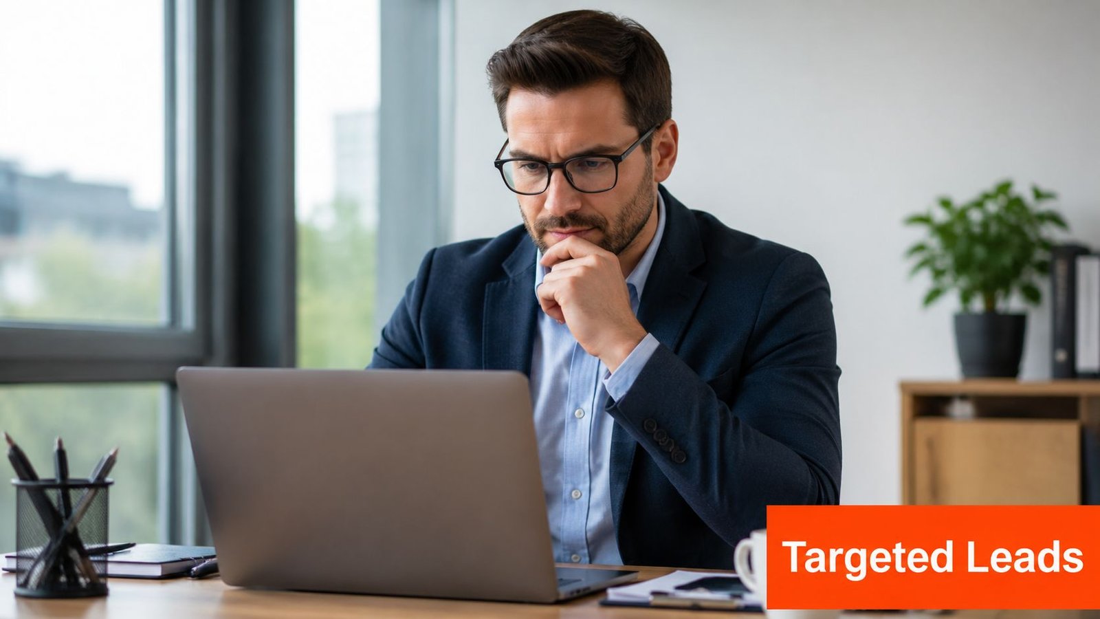 A focused professional businessman working on his laptop in a modern office, thoughtfully considering his marketing strategy.