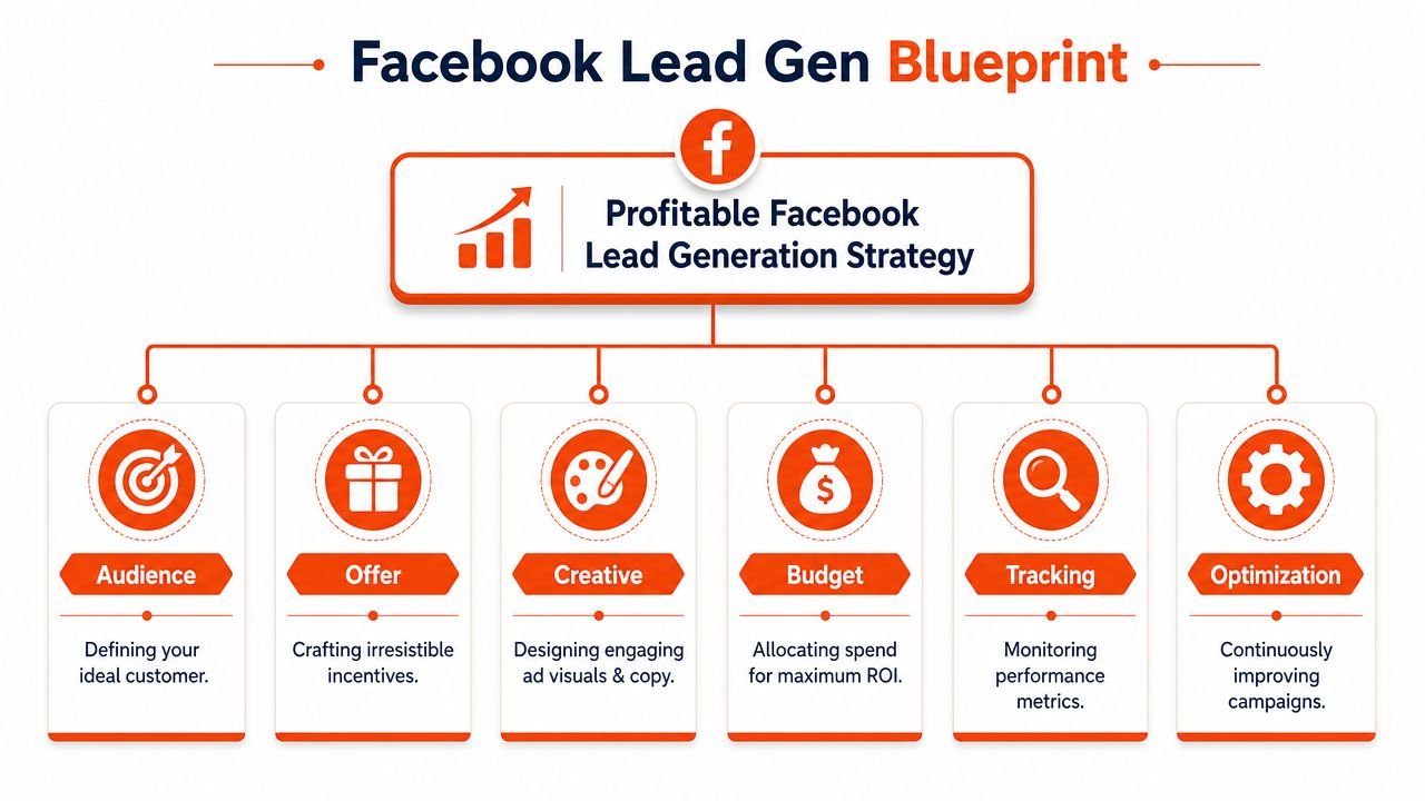 A diagram illustrating a professional Facebook lead generation blueprint with six key strategic components for success.