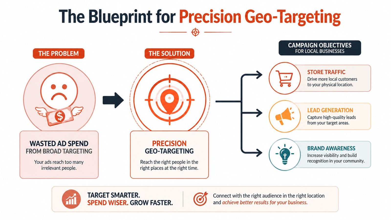 An infographic showing how precision geo-targeting helps local businesses reduce wasted ad spend and grow effectively.